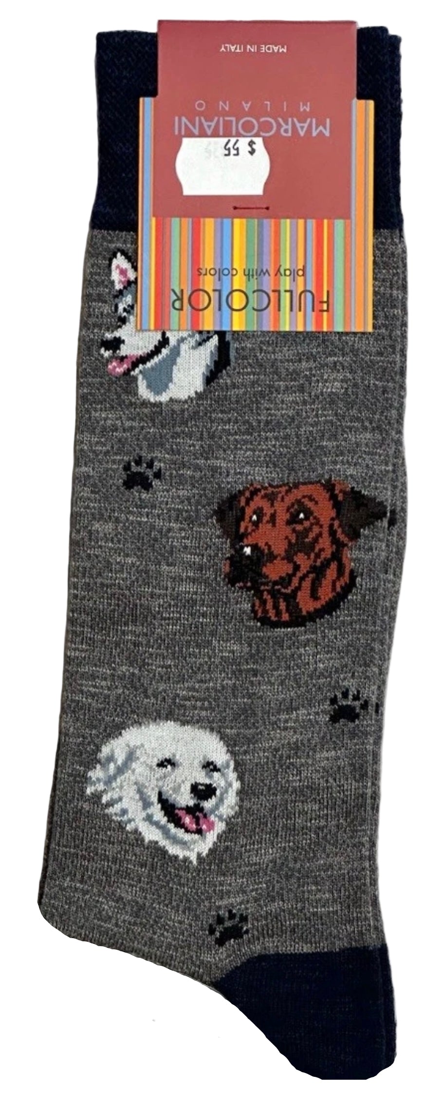 Gray sock with dog illustrations and packaging on a white background