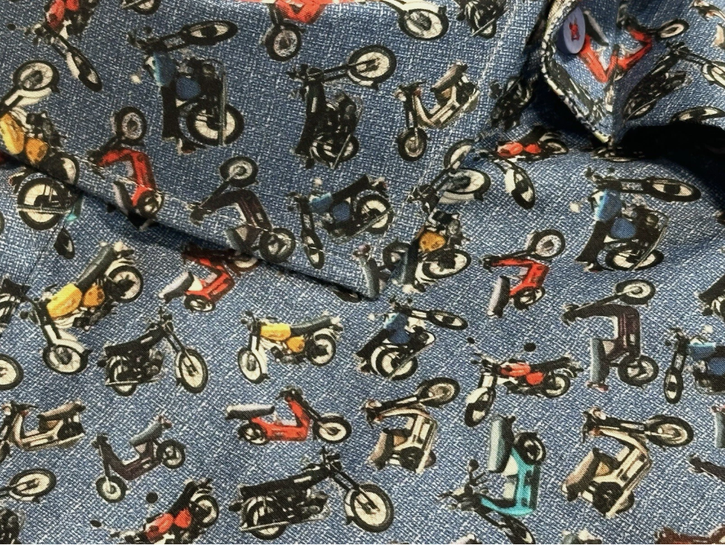 $285 NEW 4XL SHORT SLEEVE CAMP SHIRT MOTORCYCLES MOPEDS & SCOOTERS THEMED BIG TALL 7 DOWNIE