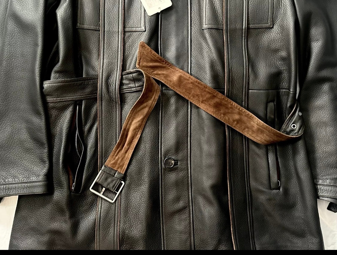 $7500 NEW BRIONI GRAIN LEATHER COAT XL EU 54 MILITARY FIELD JACKET SUEDE DETAILS