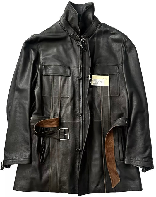 $7500 NEW BRIONI GRAIN LEATHER COAT XL EU 54 MILITARY FIELD JACKET SUEDE DETAILS