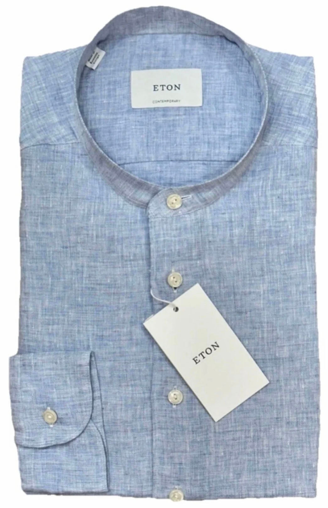 $285 NWT ETON DRESS SHIRT L 16.5 42 LINEN BAND COLLAR CHAMBRAY BLUE CONTEMPORARY