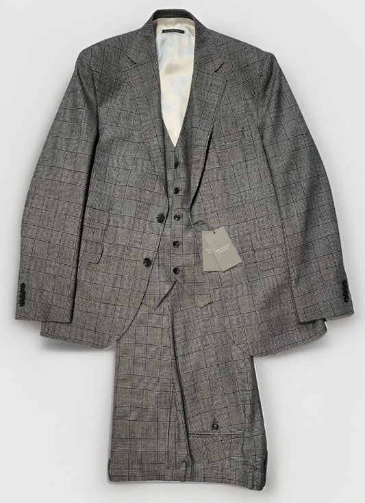 $4250 NEW VERO UOMO LORO PIANA HANDMADE 3 PC SUIT BLACK WHITE PLAID 50 L 50L TOM FORD INSPIRED