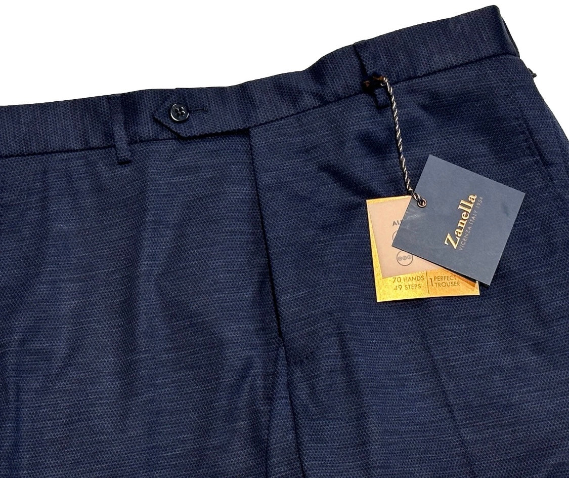 $425 NEW HANDMADE ZANELLA ELASTIC WAIST CASUAL DRESS PANTS 32 NASH BLUE BLACK WEAVE