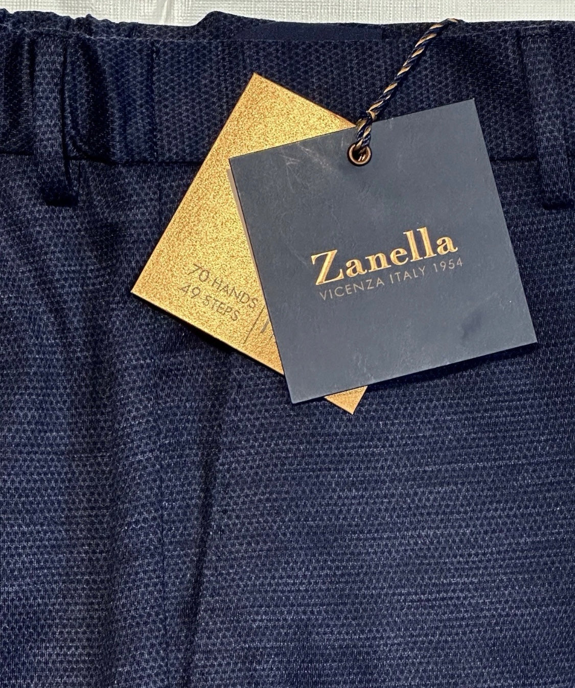 $425 NEW HANDMADE ZANELLA ELASTIC WAIST CASUAL DRESS PANTS 32 NASH BLUE BLACK WEAVE