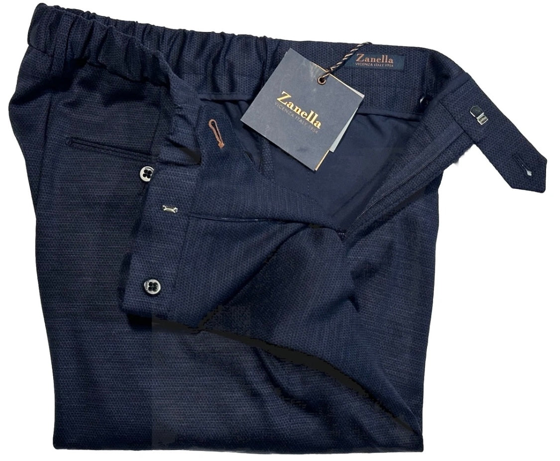 $425 NEW HANDMADE ZANELLA ELASTIC WAIST CASUAL DRESS PANTS 32 NASH BLUE BLACK WEAVE