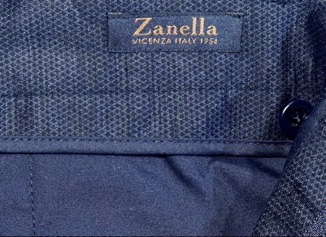 $425 NEW HANDMADE ZANELLA ELASTIC WAIST CASUAL DRESS PANTS 32 NASH BLUE BLACK WEAVE