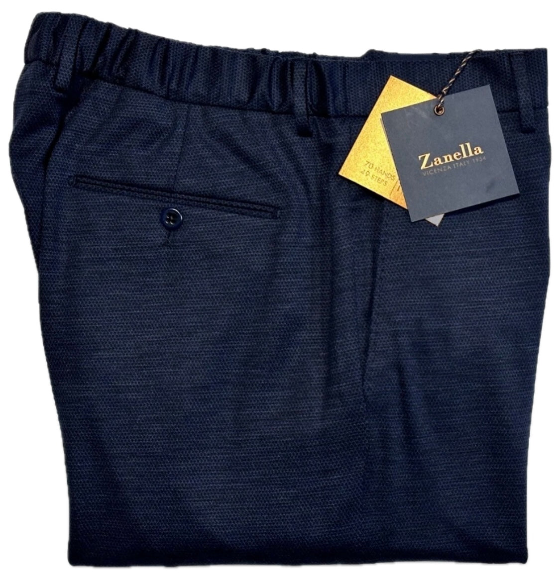 $425 NEW HANDMADE ZANELLA ELASTIC WAIST CASUAL DRESS PANTS 32 NASH BLUE BLACK WEAVE