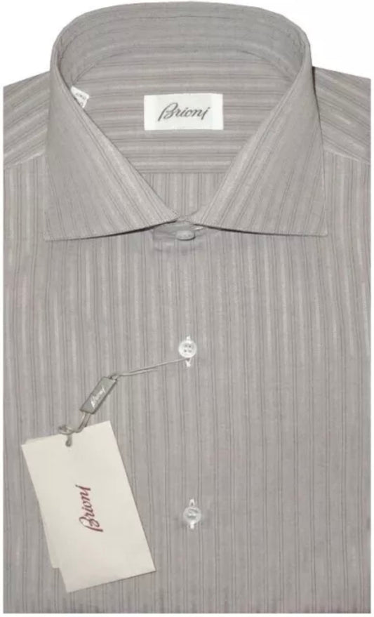 $695 NEW 39 15.5 BRIONI DRESS SHIRT PALE TAUPE BROWN FANCY STRIPE