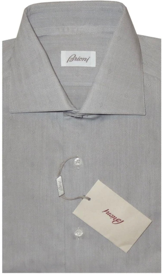 $695 NEW 44 17.5 BRIONI DRESS SHIRT GRAY & WHITE HERRINGBONE DIAMOND ACCENTS