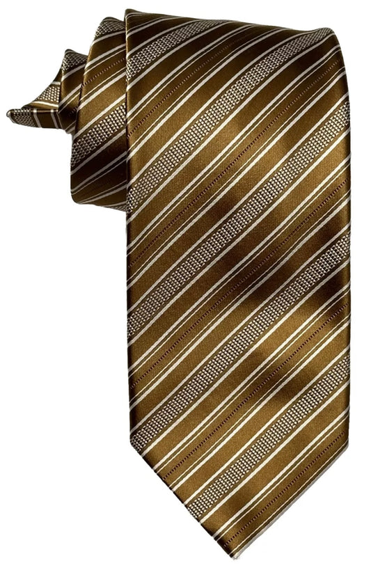$395 NEW BRIONI TIE DARK GOLD & WHITE DIAGONAL STRIPES HANDMADE LUXURY