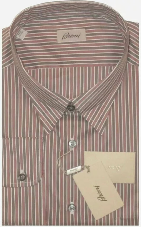 $900 NEW V 16.5 TO 17 BRIONI DRESS SHIRT SILK COTTON SLIM FIT GRAY & PALE RED STRIPE
