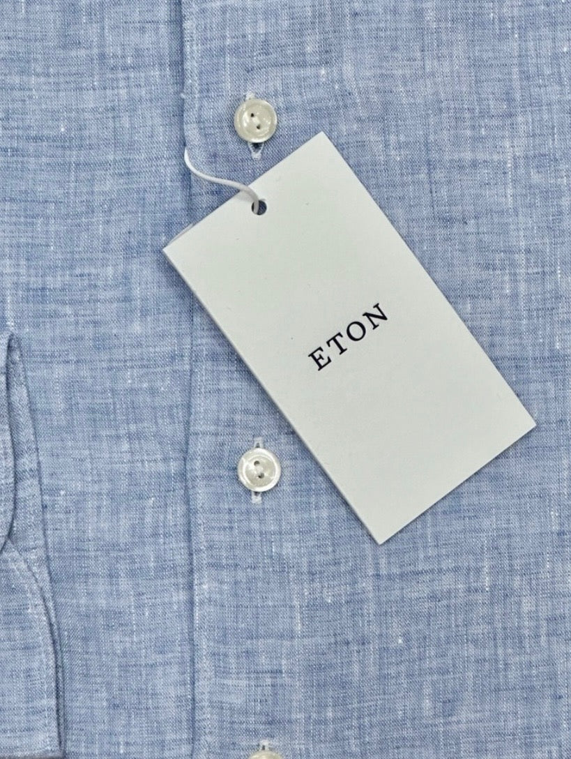 $285 NWT ETON DRESS SHIRT L 16.5 42 LINEN BAND COLLAR CHAMBRAY BLUE CONTEMPORARY