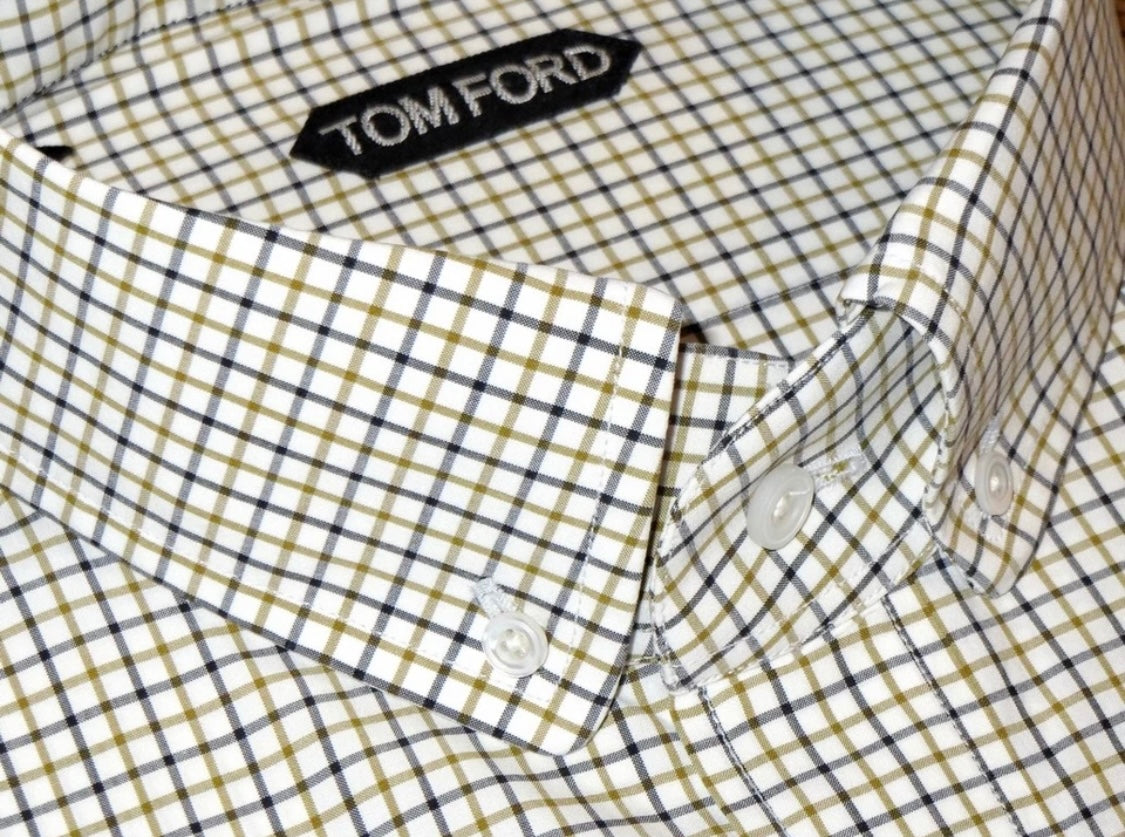 $730 NEW EU 44 17.5 TOM FORD DRESS SHIRT  WHITE MUSTARD BLUE-BLACK CHECK HANDMADE