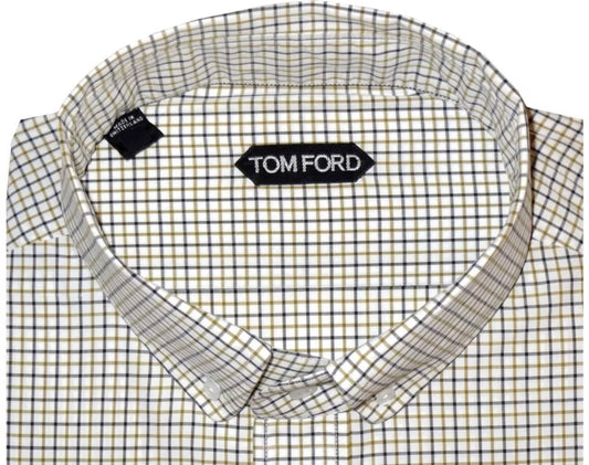 $730 NEW EU 45 17.75 TOM FORD DRESS SHIRT WHITE MUSTARD BLUE-BLACK CHECK HANDMADE