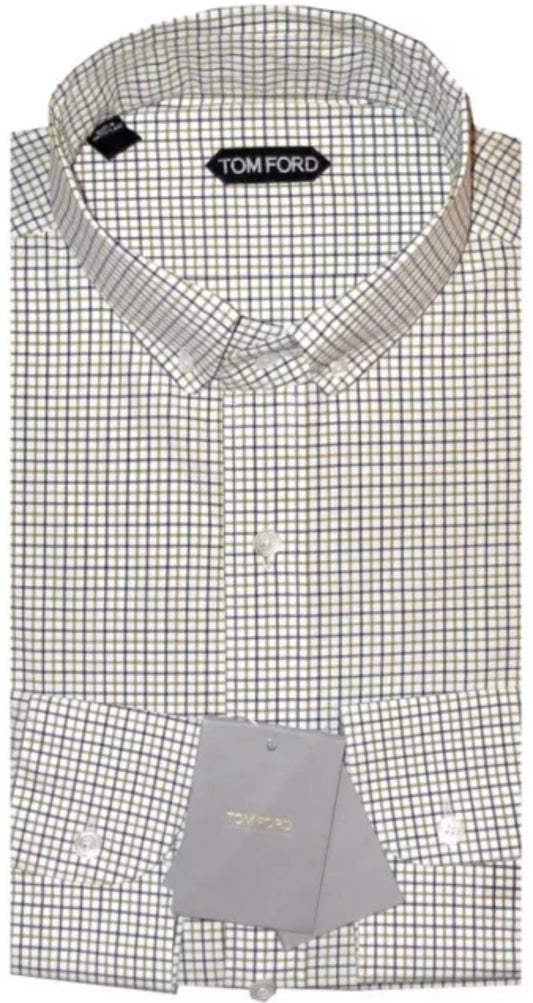 $730 NEW EU 45 17.75 TOM FORD DRESS SHIRT WHITE MUSTARD BLUE-BLACK CHECK HANDMADE