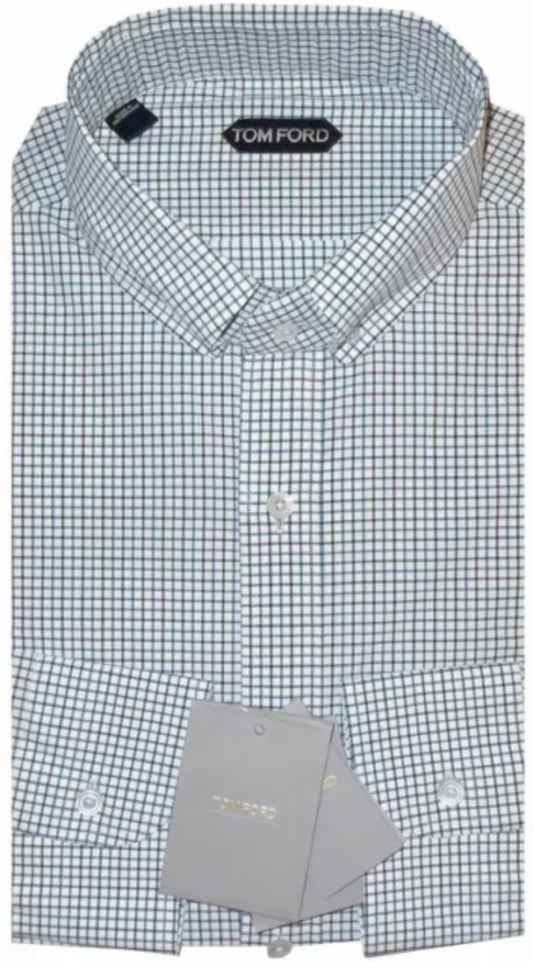 $730 NEW EU 44 17.5 TOM FORD DRESS SHIRT HANDMADE WHITE GREEN BROWN CHECK