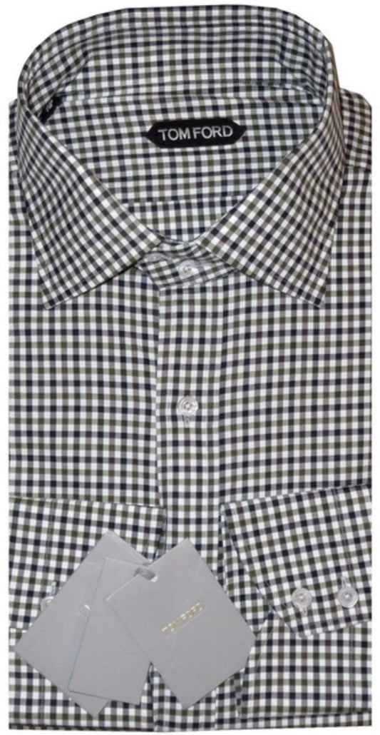 $730 NEW EU 45 17.75 TOM FORD DRESS SHIRT GREEN WHITE BLUE-BLACK CHECK HANDMADE
