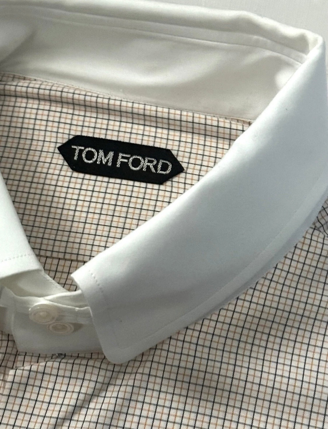 $615 NEW EU 45 17.75 TOM FORD DRESS SHIRT WHITE ORANGE NAVY CHECK TAB COLLAR