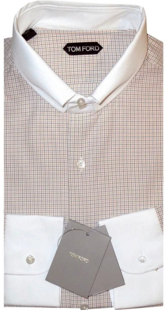 $615 NEW EU 45 17.75 TOM FORD DRESS SHIRT WHITE ORANGE NAVY CHECK TAB COLLAR
