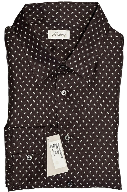 $2300 NEW XXL VI 44/ 17.5 BRIONI 100% SILK DRESS SHIRT BROWN PAISLEY