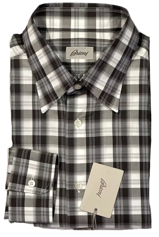 $750 NEW V 17 / 17.5 43 / 44 BRIONI DRESS SHIRT COTTON SATEEN PLAID TARTAN