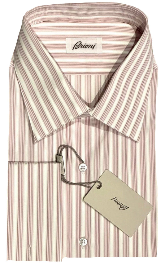 $800 NEW 17 43 BRIONI DRESS SHIRT FRENCH CUFF WHITE PINK MAUVE STRIPES SATEEN CO