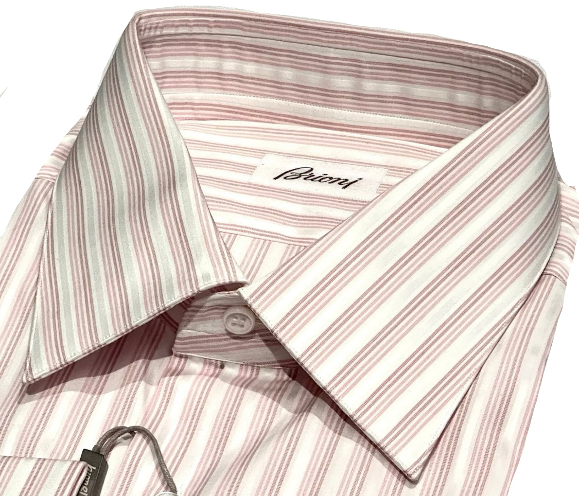 $800 NEW 17 43 BRIONI DRESS SHIRT FRENCH CUFF WHITE PINK MAUVE STRIPES SATEEN CO