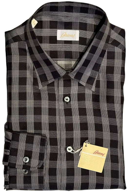 $2300 NEW L/IV 43/44 17/17.5 BRIONI SHIRT 100% SILK DRESS BLACK GRAY CHECK PLAID