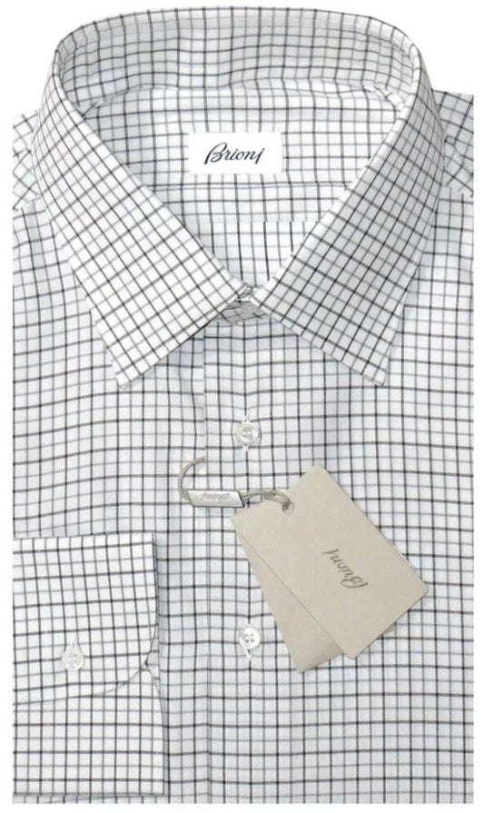 $675 NEW 45 17.75 BRIONI MENS DRESS SHIRT WHITE BROWN GRID REGULAR FIT DART BACK