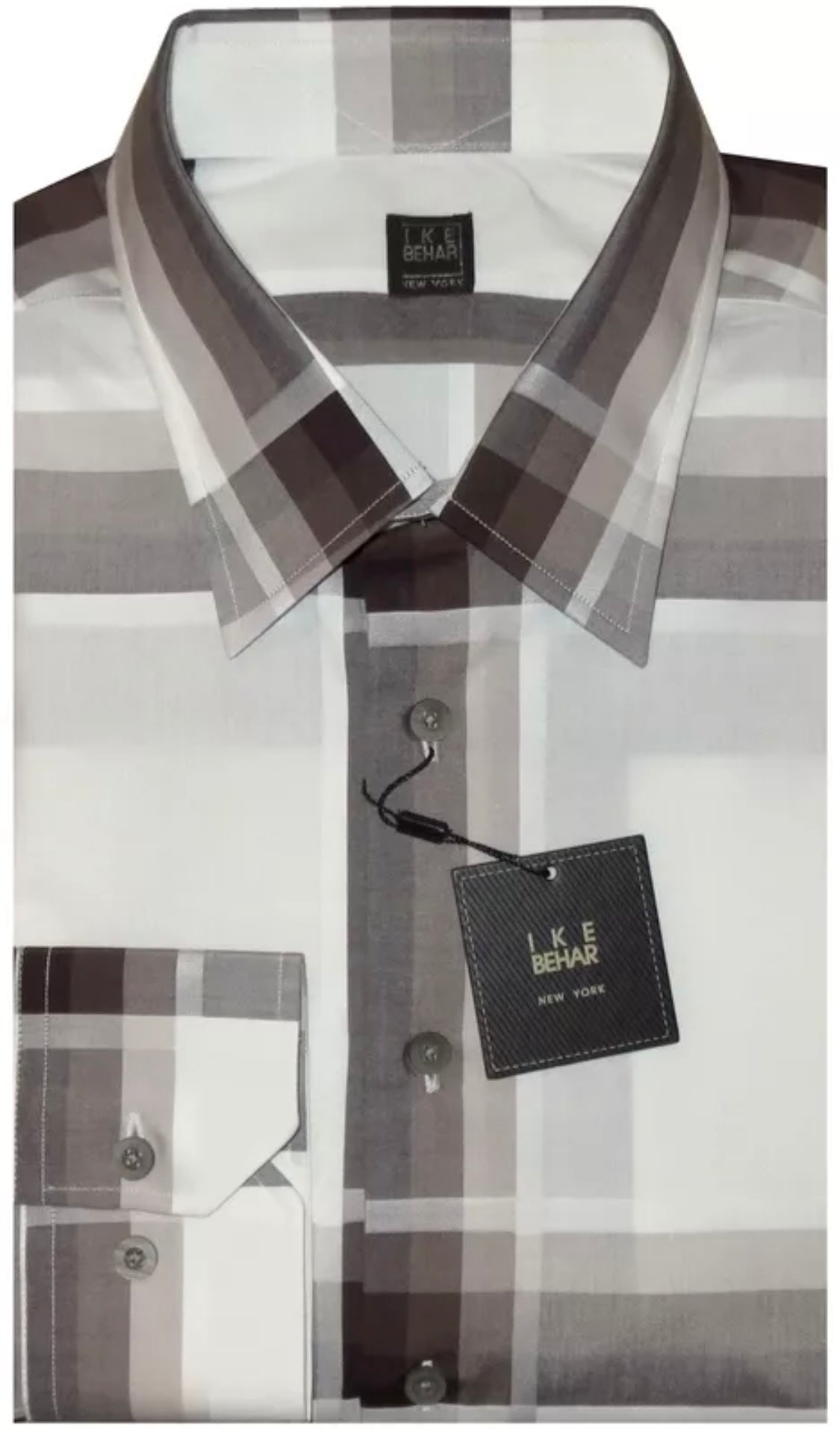 $395 NEW XL / XXL IKE BEHAR MENS CASUAL DRESS SHIRT WHITE & BROWN TONES PLAID