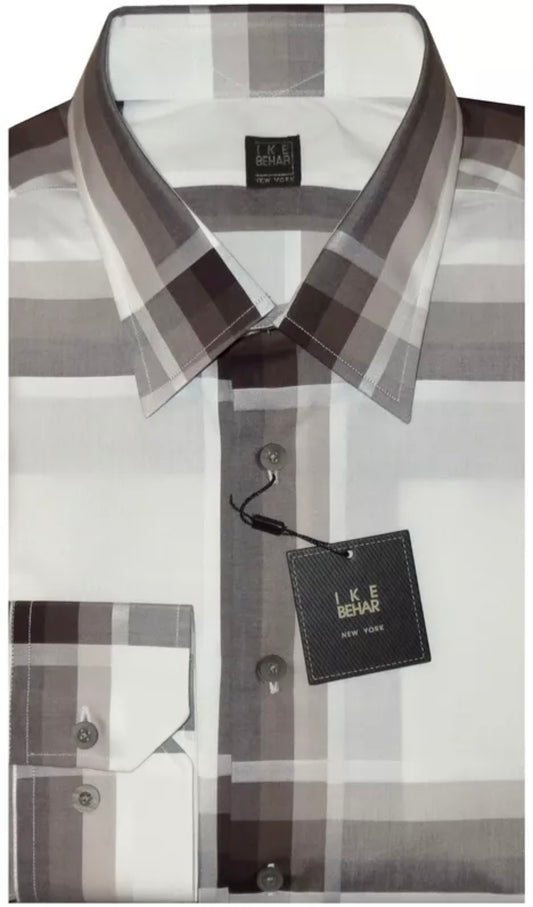 $395 NEW XL / XXL IKE BEHAR MENS CASUAL DRESS SHIRT WHITE & BROWN TONES PLAID