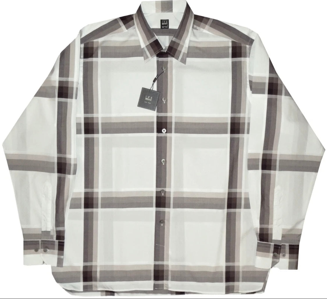 $395 NEW XL / XXL IKE BEHAR MENS CASUAL DRESS SHIRT WHITE & BROWN TONES PLAID