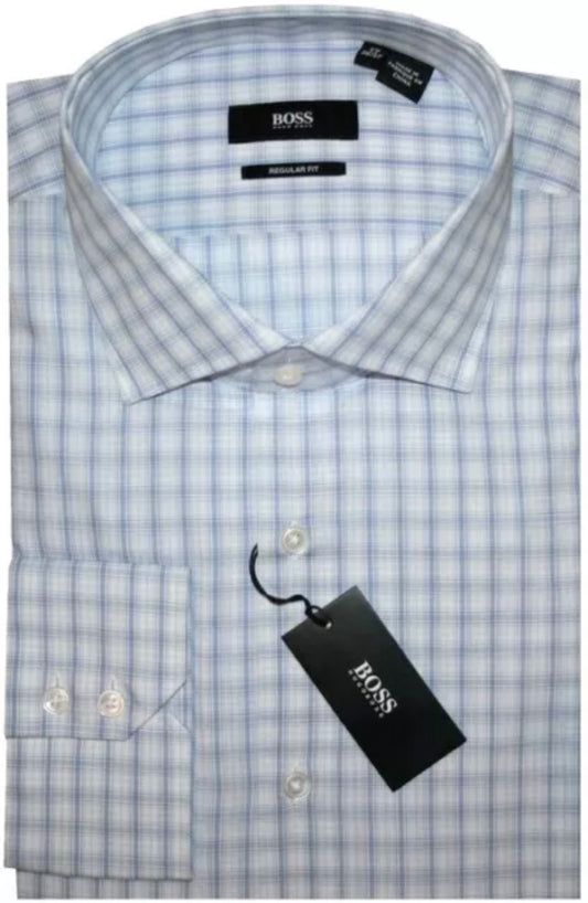 $285 NEW 17.5 32/33 HUGO BOSS SHIRT DRESS WHITE LIGHT BLUE PLAID CUTAWAY COLLAR