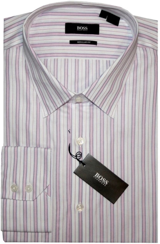 $285 NEW 17 32/33 HUGO BOSS DRESS SHIRT REGULAR FIT WHITE PINK LIGHT BLUE MAROON