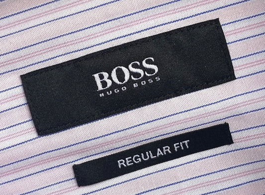 $285 NEW 17 32/33 HUGO BOSS DRESS SHIRT PALE PINK WHITE NAVY BLUE STRIPE