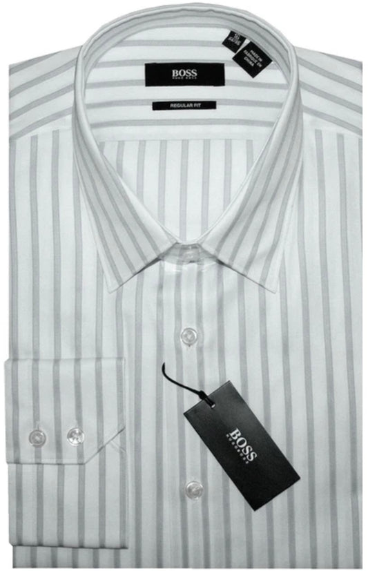 $285 NEW 16 34/35 HUGO BOSS DRESS SHIRT SATIN WHITE w SILVER GRAY STRIPES