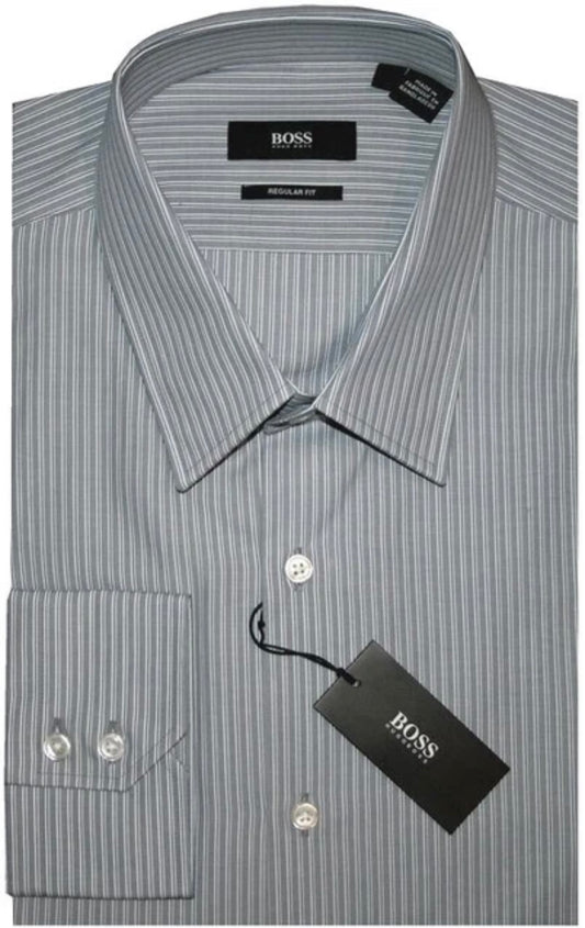 $285 NEW 17 36/37 HUGO BOSS DRESS SHIRT BLACK LABEL TAUPE-GRAY WHITE & BLUE