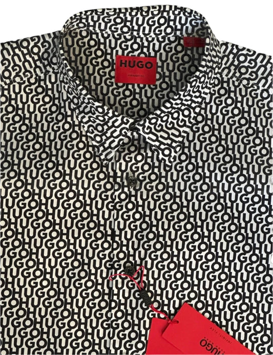 $395 NEW XXL FITS XL HUGO BOSS SHIRT SLIM FIT REPEAT BLACK WHITE SHORT SLEEVE