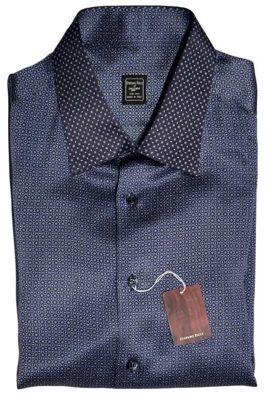 $2500 NEW 17.5 44 STEFANO RICCI 100% SILK SHIRT BLUE CONTRAST COLLAR CUFFS