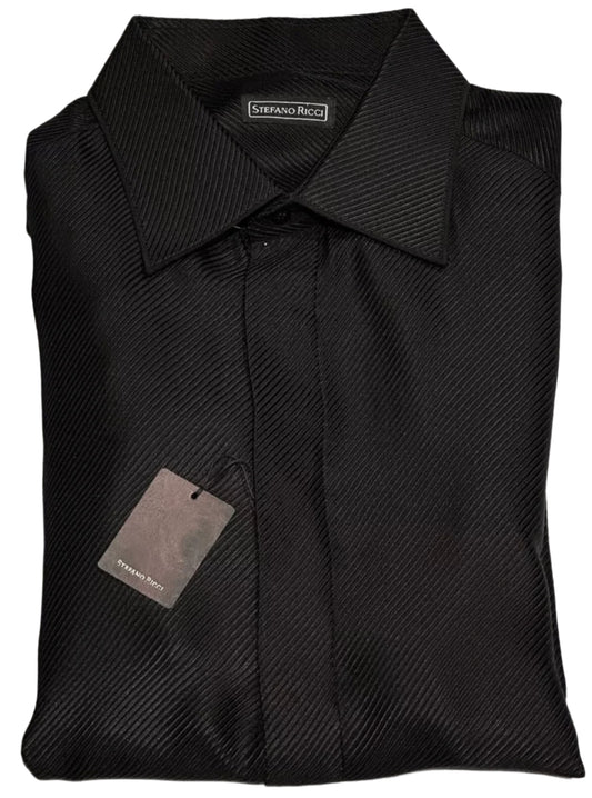 $2500 NEW 44 17.5 STEFANO RICCI 100% SILK DRESS SHIRT BLACK TWILL FRENCH CUFF