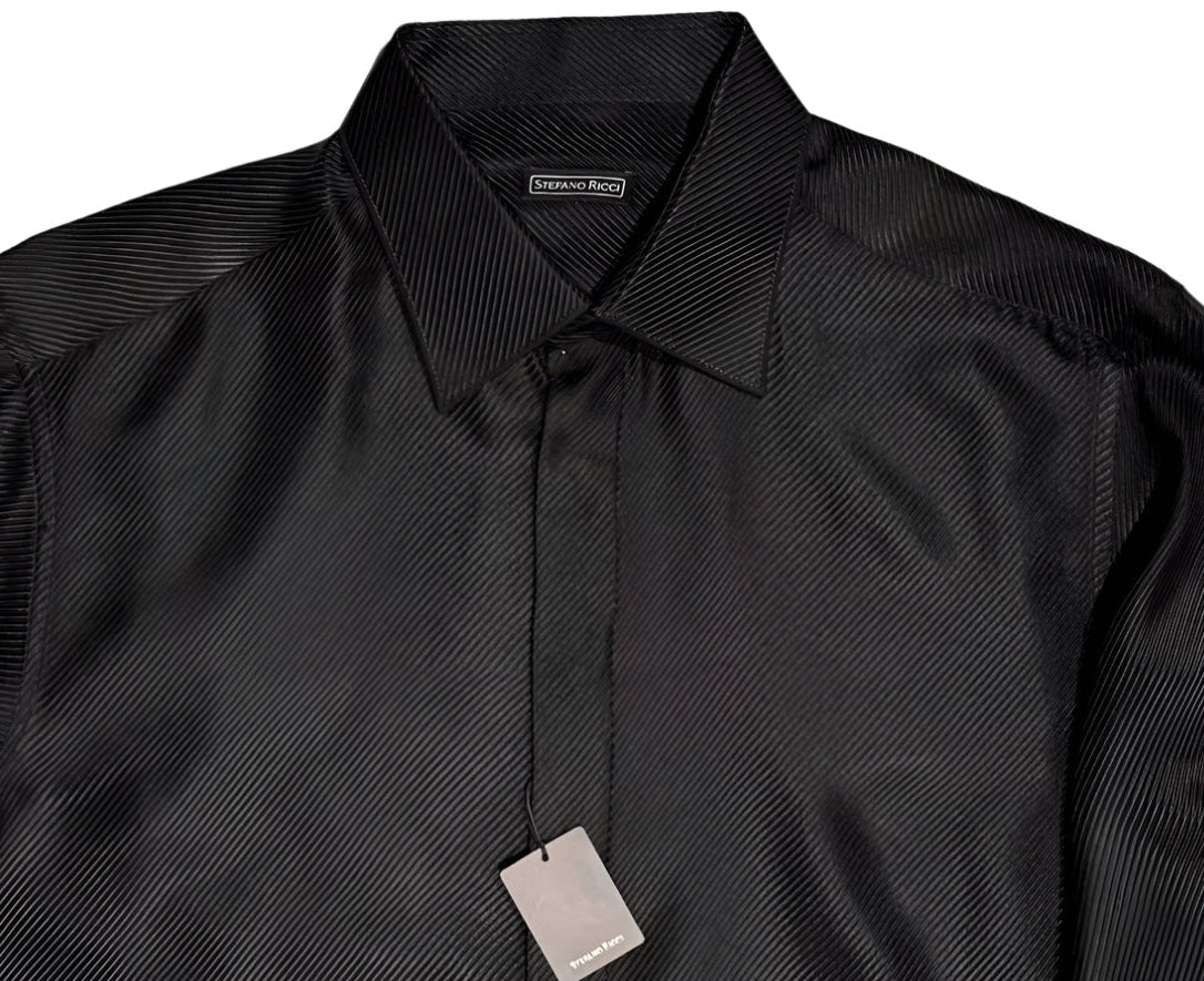 $2500 NEW 44 17.5 STEFANO RICCI 100% SILK DRESS SHIRT BLACK TWILL FRENCH CUFF