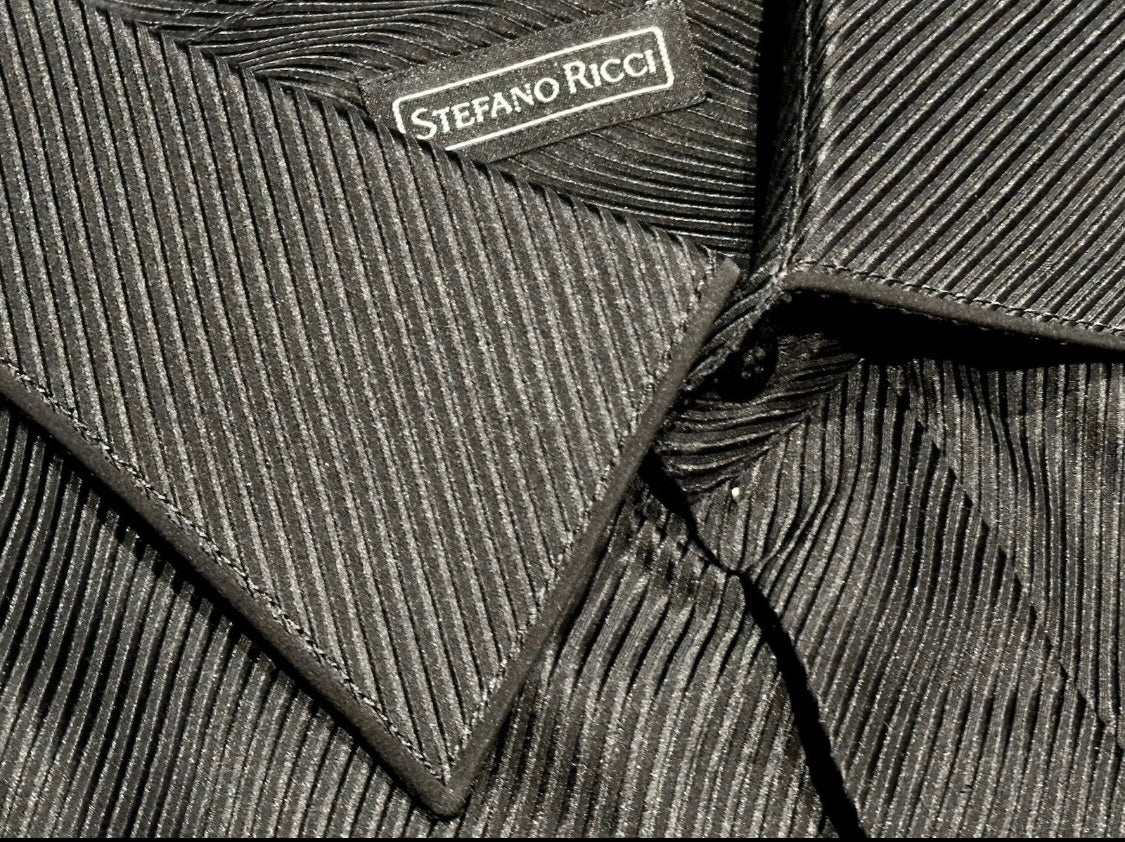 $2500 NEW 44 17.5 STEFANO RICCI 100% SILK DRESS SHIRT BLACK TWILL FRENCH CUFF