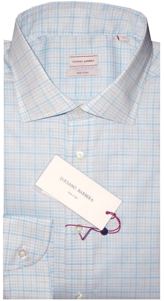 $450 NEW XL 17.5 LUCIANO BARBERA DRESS SHIRT LIGHT BLUE CHECK HAND MADE ITALY