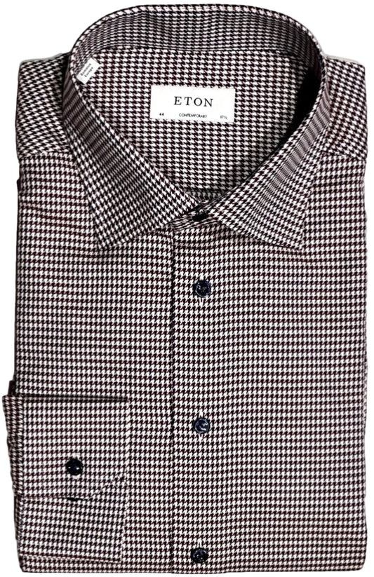$395 NEW ETON DRESS SHIRT 17.5 44 CONTEMPORARY FIT BURGUNDY HOUNDSTOOTH