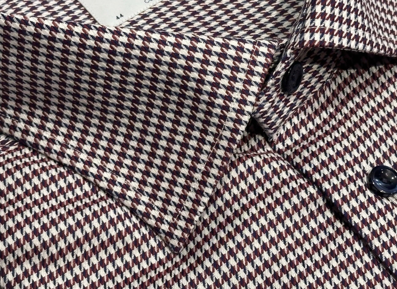 $395 NEW ETON DRESS SHIRT 17.5 44 CONTEMPORARY FIT BURGUNDY HOUNDSTOOTH