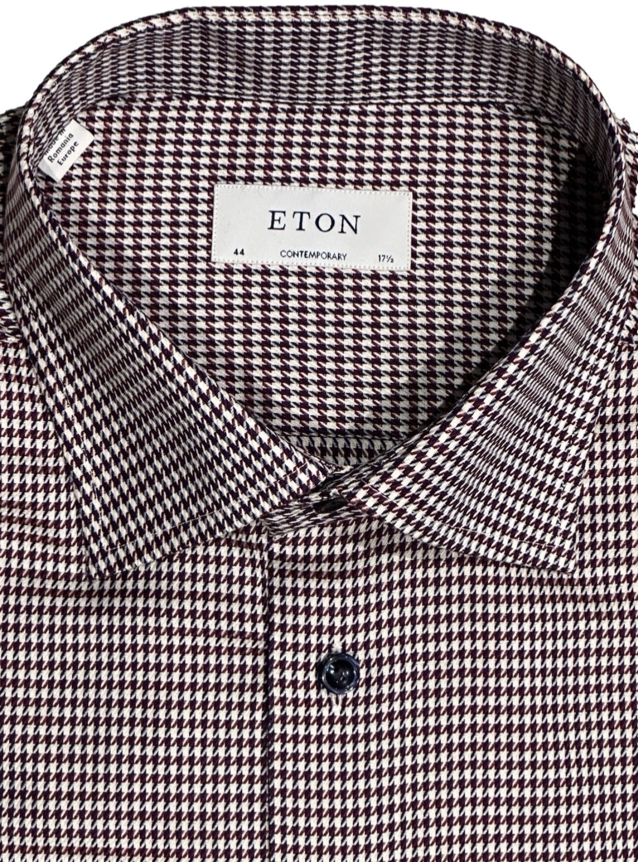 $395 NEW ETON DRESS SHIRT 17.5 44 CONTEMPORARY FIT BURGUNDY HOUNDSTOOTH