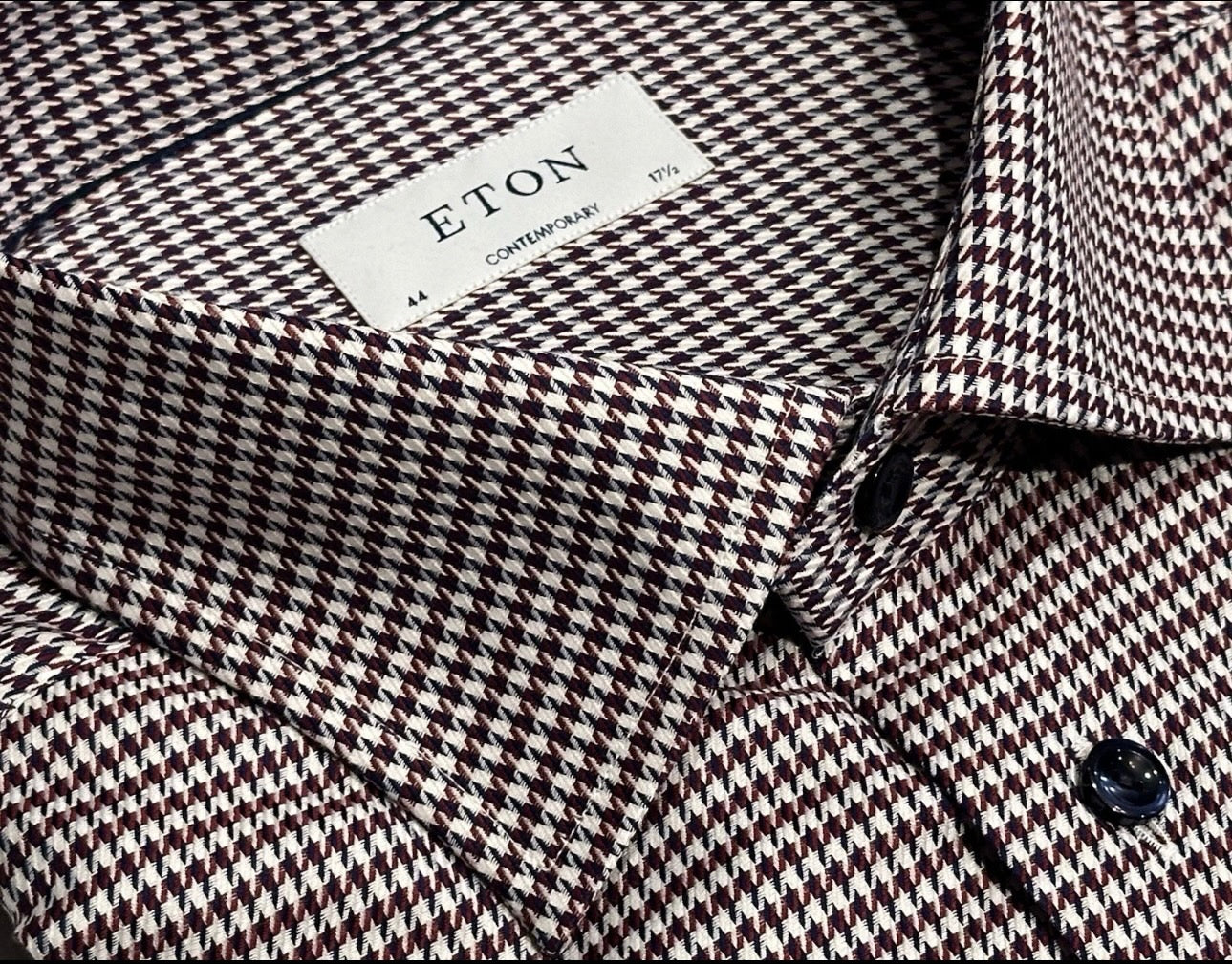 $395 NEW ETON DRESS SHIRT 17.5 44 CONTEMPORARY FIT BURGUNDY HOUNDSTOOTH