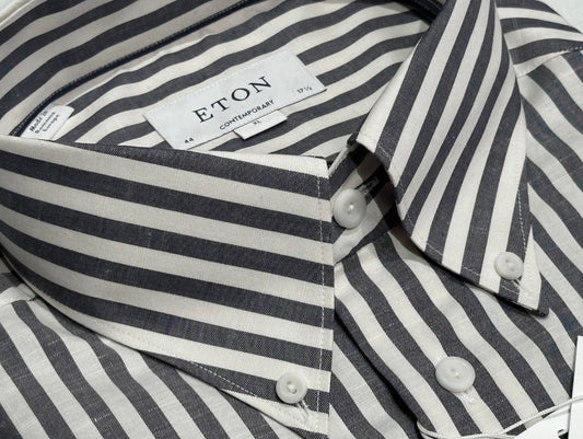 $395 NEW ETON DRESS SHIRT XL / 17.5 44 CONTEMPORARY FIT WHITE & BLUE-GRAY CANOPY STRIPES