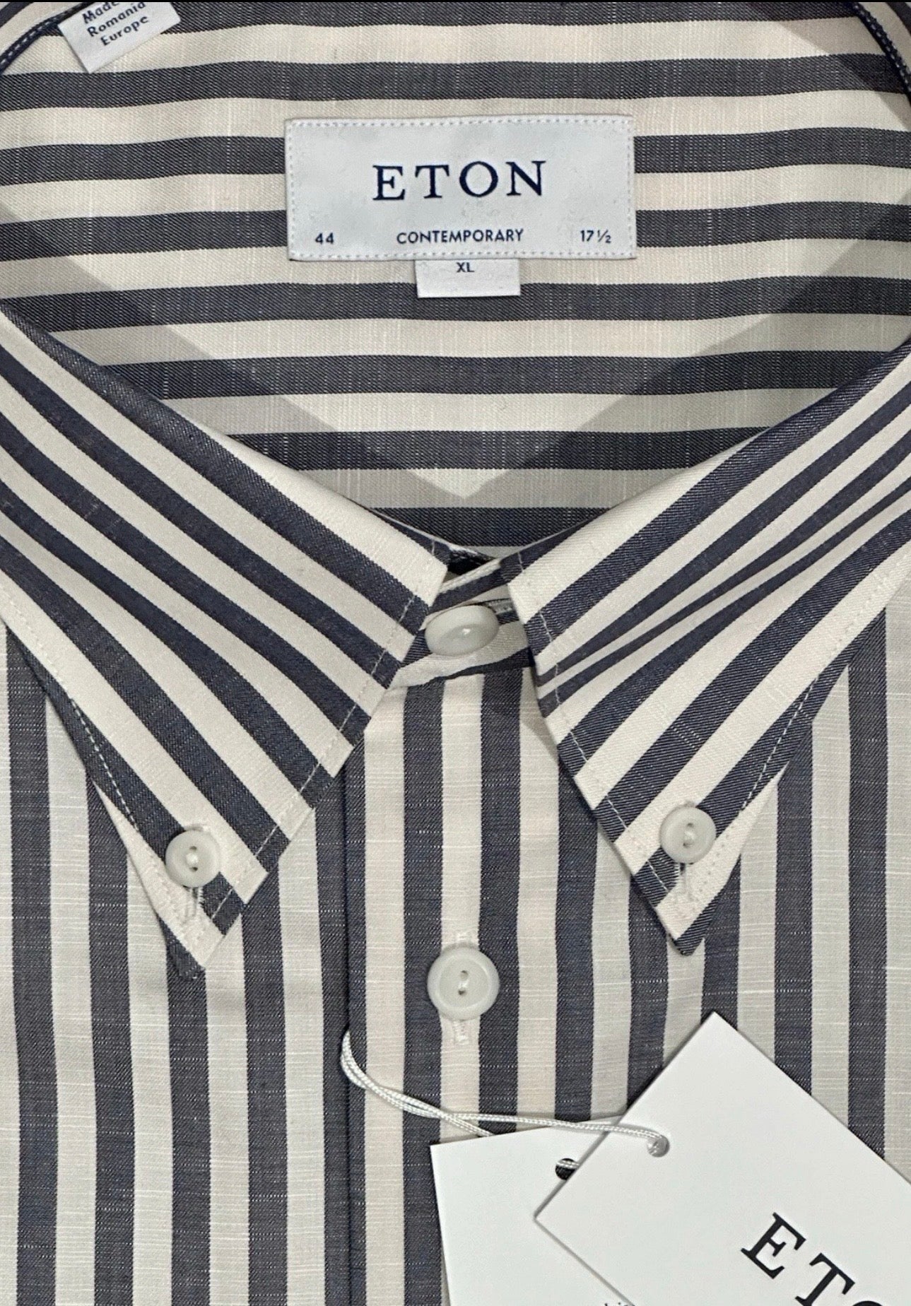 $395 NEW ETON DRESS SHIRT XL / 17.5 44 CONTEMPORARY FIT WHITE & BLUE-GRAY CANOPY STRIPES