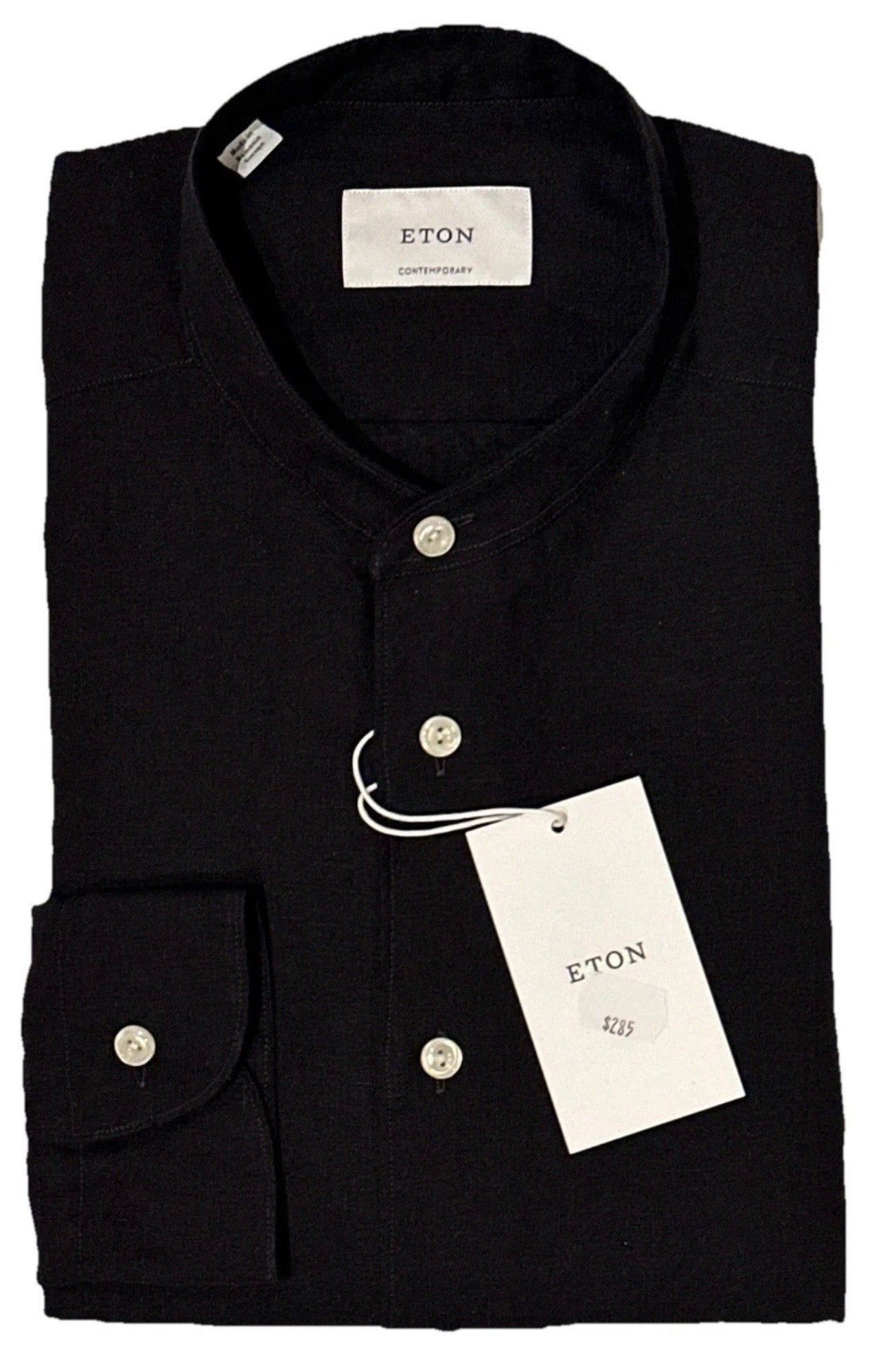 $285 NEW ETON DRESS SHIRT L 16.5 42 LINEN BAND COLLAR SOLID BLACK CONTEMPORARY